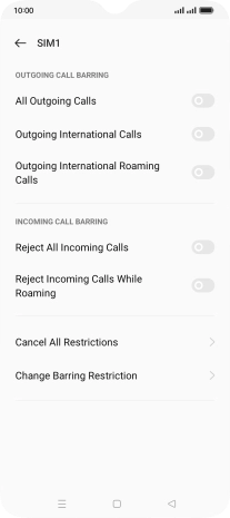 Press the indicator next to the required barring type to turn the function on or off.