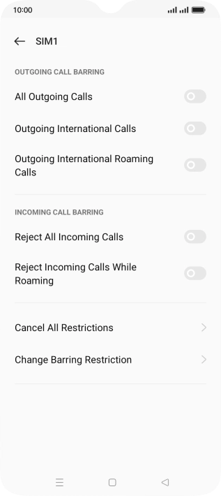 Press the indicator next to the required barring type to turn the function on or off.