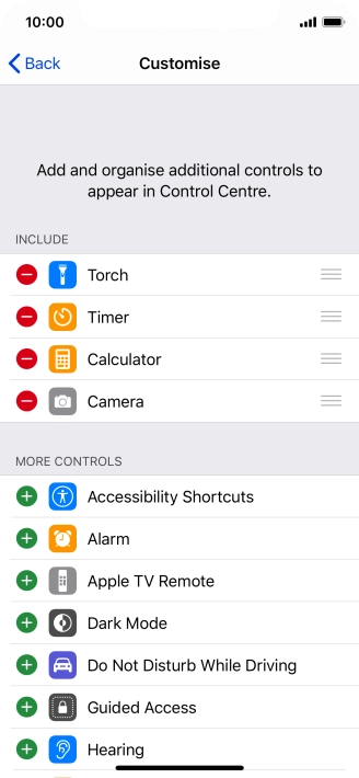 Press the delete icon next to the required function to remove it from Control Centre.