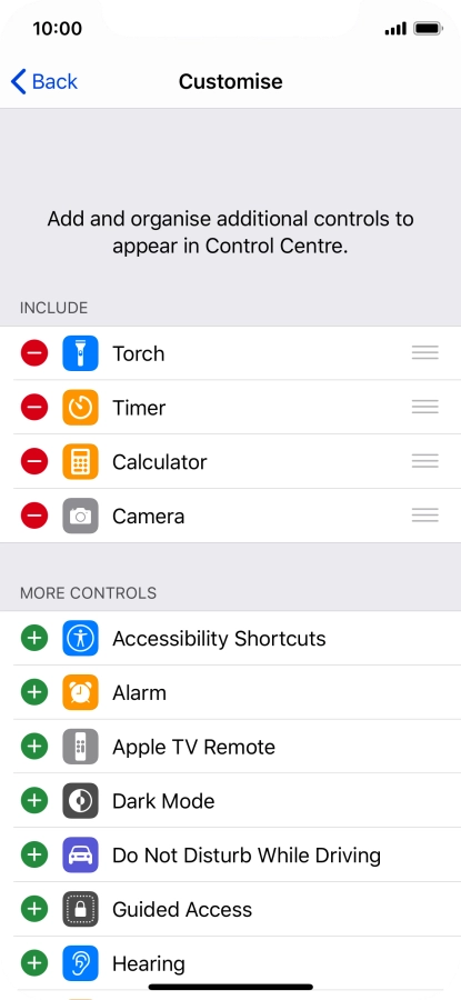Press the delete icon next to the required function to remove it from Control Centre.