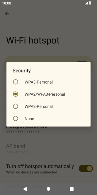 Press WPA3-Personal to password protect your Wi-Fi hotspot.