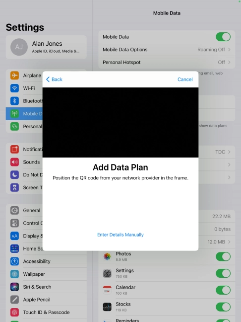 Place the QR code you've received inside the tablet camera frame to scan the code.