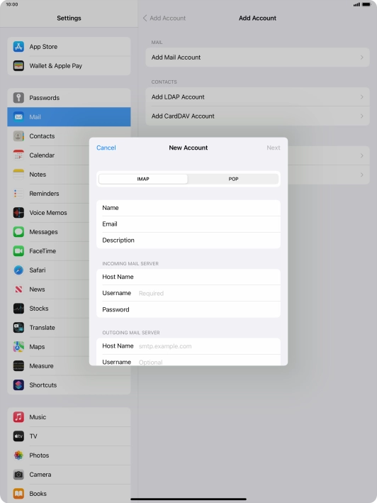 Press Username and key in the username for your email account.