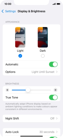 If you turn on the function, press Options and follow the instructions on the screen to select the required period of time for Dark Mode.