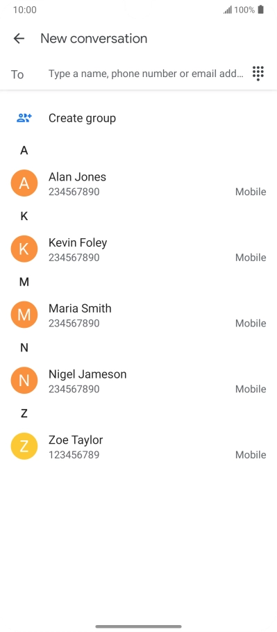 Press the search field and key in the first letters of the recipient's name.