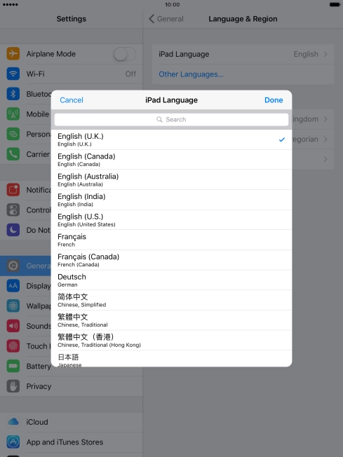Press Done and follow the instructions on the screen to change to the selected language.