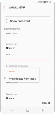 Press Never to keep email messages on the server when you delete them on your phone.