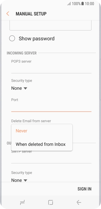 Press Never to keep email messages on the server when you delete them on your phone.