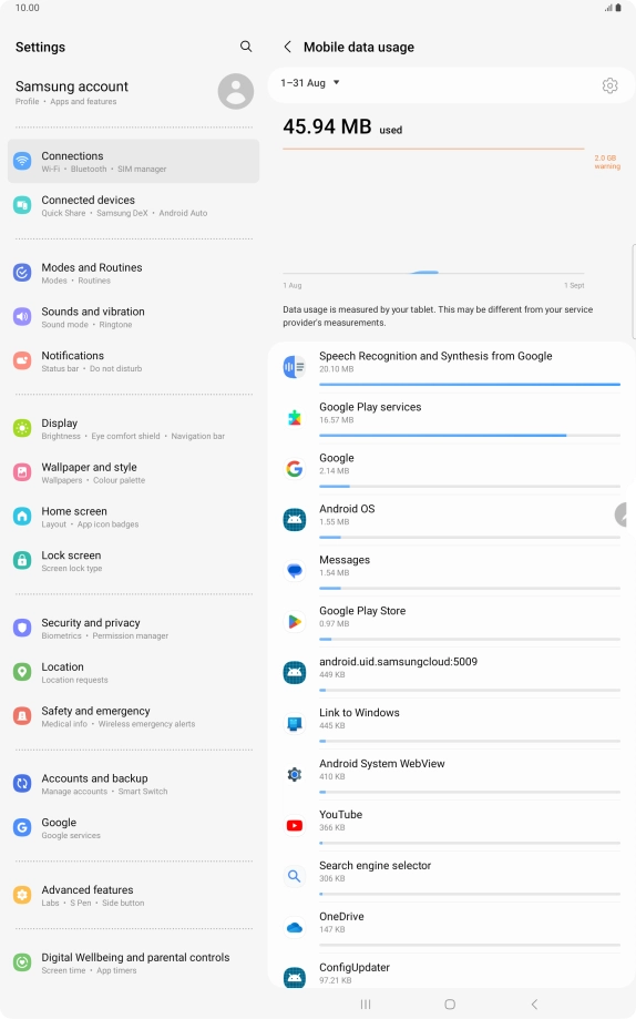 The data usage for each application is displayed below the name of the application.