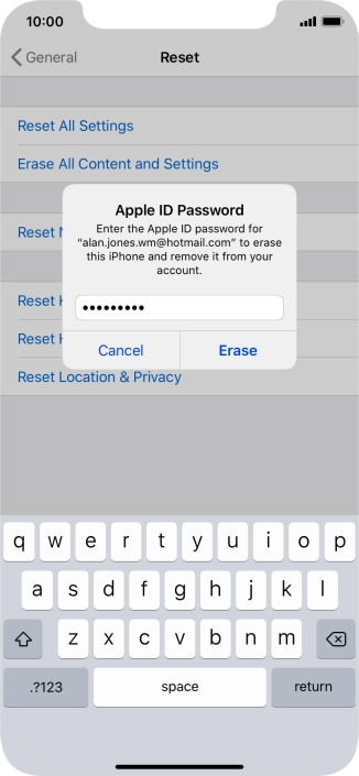 Key in the password for your Apple ID and press Erase. Wait a moment while the factory default settings are restored. Follow the instructions on the screen to set up your phone and prepare it for use.
