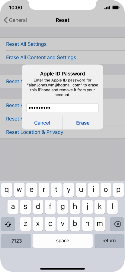 Key in the password for your Apple ID and press Erase. Wait a moment while the factory default settings are restored. Follow the instructions on the screen to set up your phone and prepare it for use.