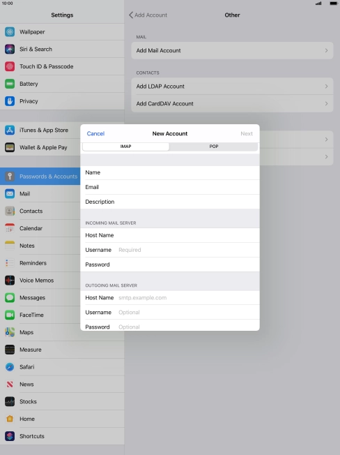 Press Username and key in the username for your email account.