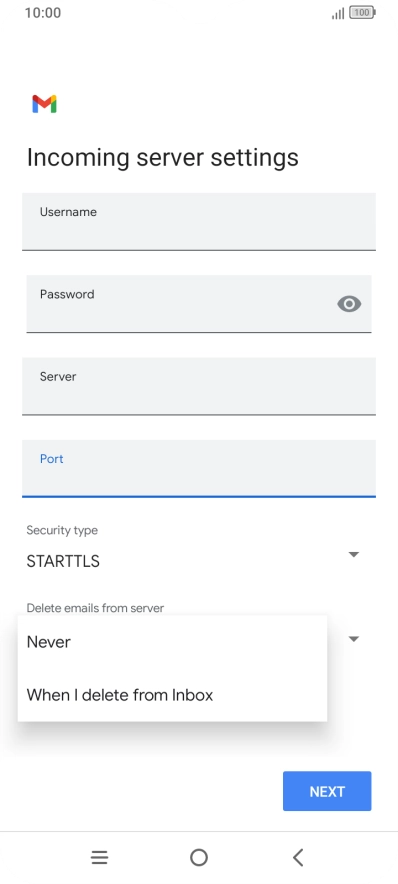 Press Never to keep email messages on the server when you delete them on your phone.