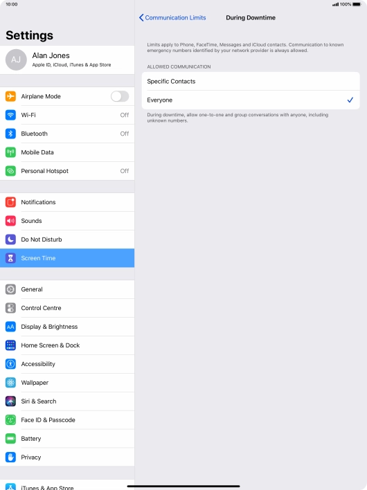 Press the required setting.