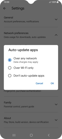 To turn on automatic update of apps using mobile network, press Over any network.