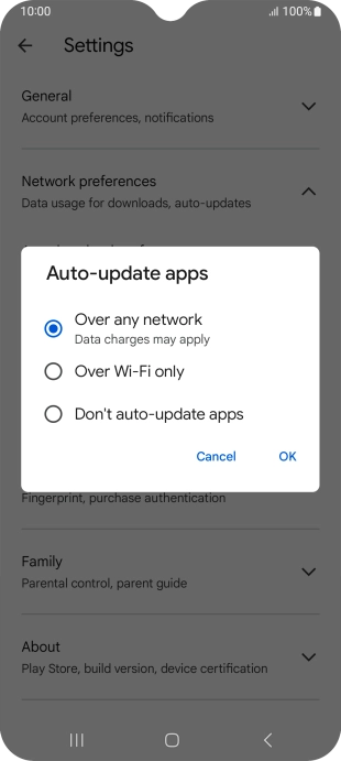To turn on automatic update of apps using mobile network, press Over any network.