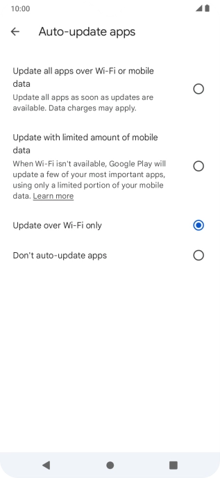To turn on automatic update of apps using mobile network, press Update all apps over Wi-Fi or mobile data.