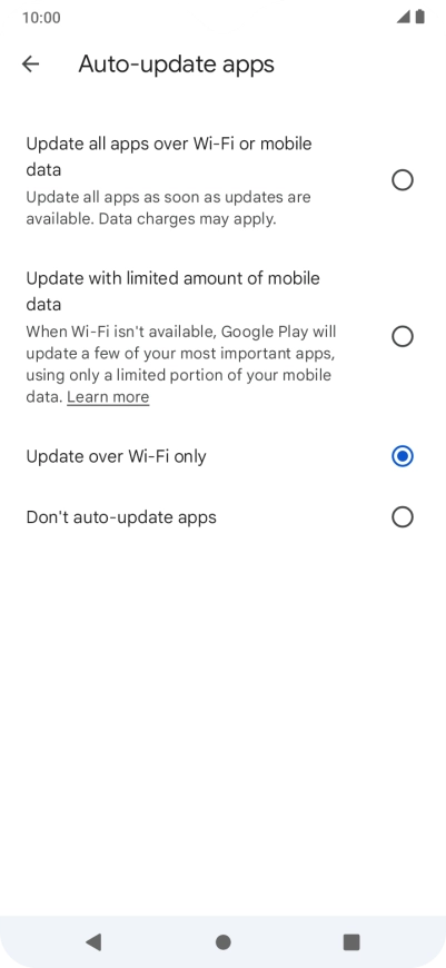 To turn on automatic update of apps using mobile network, press Update all apps over Wi-Fi or mobile data.