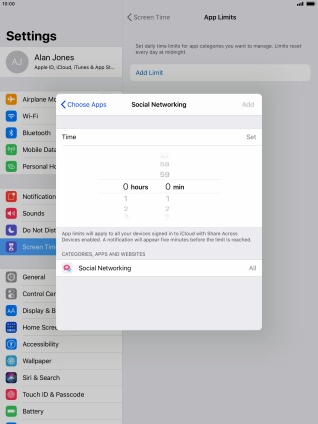 Set the required time limit for use of the selected category.