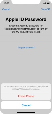 Key in the password for your Apple ID and press Erase iPhone. Wait a moment while the factory default settings are restored. Follow the instructions on the screen to set up your phone and prepare it for use.