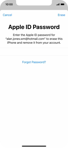 Key in the password for your Apple ID and press Erase. Wait a moment while the factory default settings are restored. Follow the instructions on the screen to set up your phone and prepare it for use.