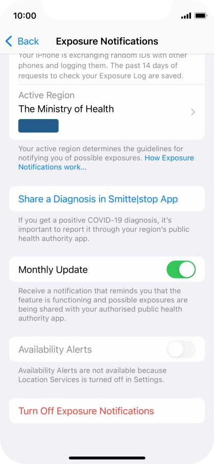Press Turn Off Exposure Notifications.