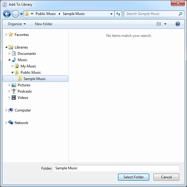 Go to the required file or folder in your computer's file system and follow the instructions on the screen to add a file or folder to the iTunes library.