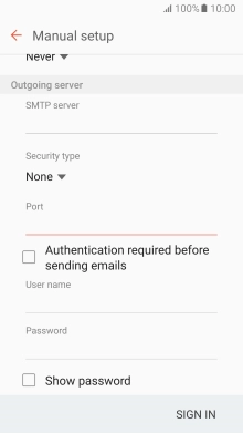 Press Authentication required before sending emails to turn the function on or off. Please note that if you're using Vodafone's outgoing server, turn off SMTP authentication and leave the username and password fields empty.