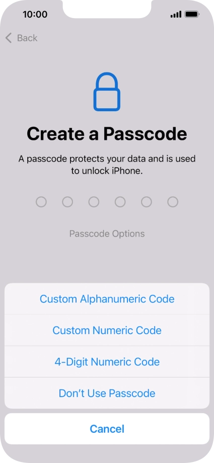 Follow the instructions on the screen to turn on use of phone lock code or press Don't Use Passcode.
