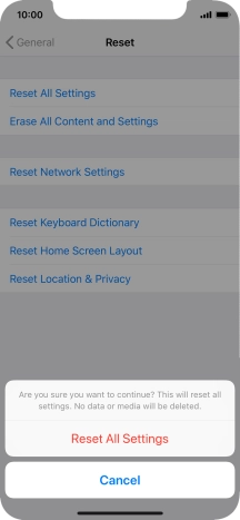 Press Reset All Settings. Wait a moment while the factory default settings are restored. Follow the instructions on the screen to set up your phone and prepare it for use.