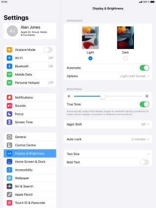 If you turn on the function, press Options and follow the instructions on the screen to select the required period of time for Dark Mode.