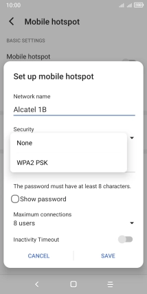 Press WPA2 PSK to password protect your Wi-Fi hotspot.