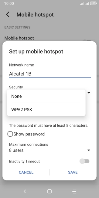 Press WPA2 PSK to password protect your Wi-Fi hotspot.