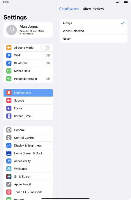 To select notification preview on the lock screen, press Always.