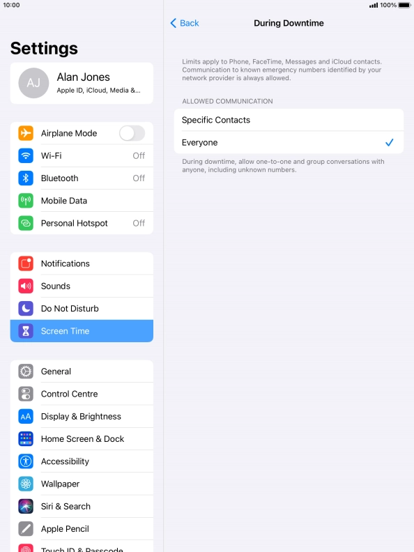 Press the required setting.