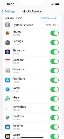 Press the indicators next to the required applications to turn the function on or off.