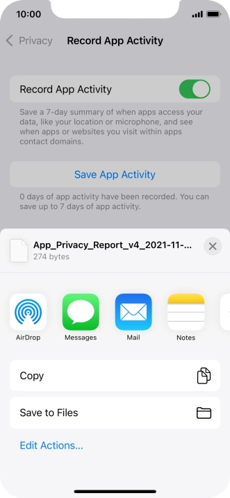 Press the required setting and follow the instructions on the screen to share or save the app activity report.