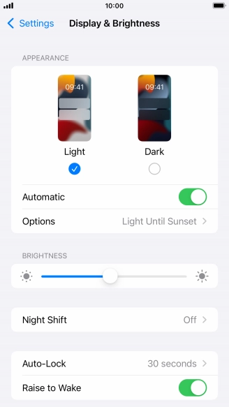 If you turn on the function, press Options and follow the instructions on the screen to select the required period of time for Dark Mode.