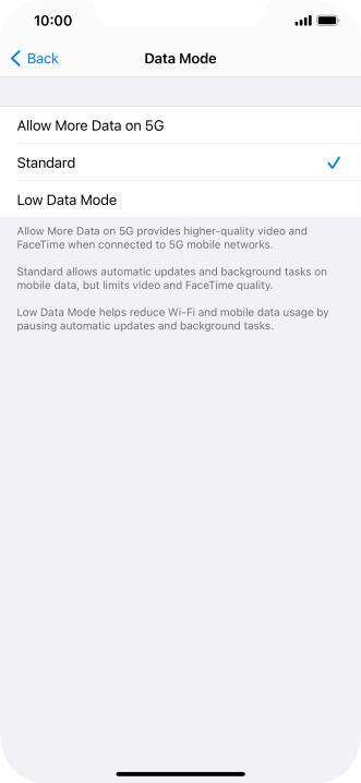 Press the required setting.