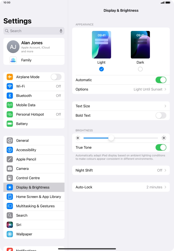 If you turn on the function, press Options and follow the instructions on the screen to select the required period of time for Dark Mode.