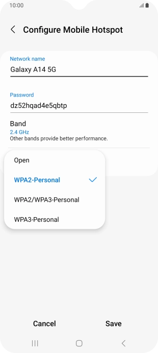 Press WPA3-Personal to password protect your Wi-Fi hotspot.