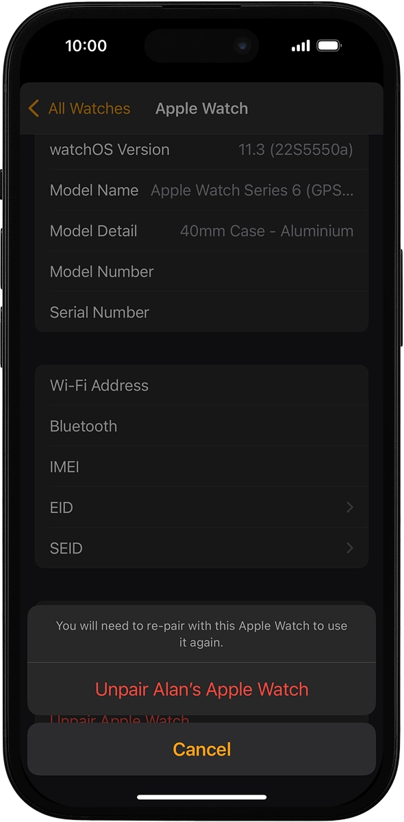 On your phone: Press Unpair Apple Watch and follow the instructions on the screen to unpair your Apple Watch and your phone. When prompted, key in the password for your Apple ID.