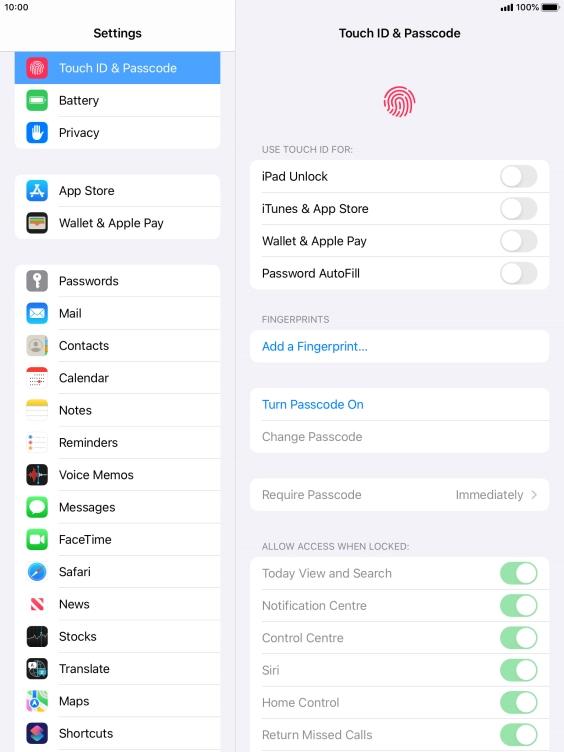 Press Turn Passcode On and key in a lock code of your own choice twice.