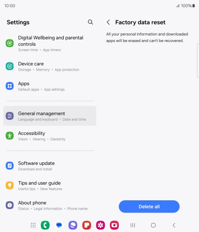 Press Delete all. Wait a moment while the factory default settings are restored. Follow the instructions on the screen to set up your phone and prepare it for use.