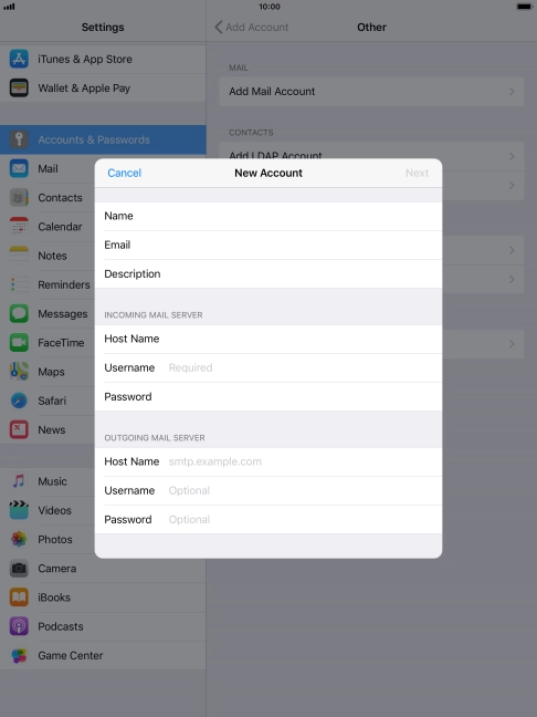 Press Username and key in the username for your email account.