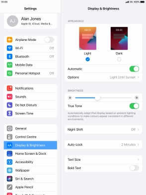 If you turn on the function, press Options and follow the instructions on the screen to select the required period of time for Dark Mode.