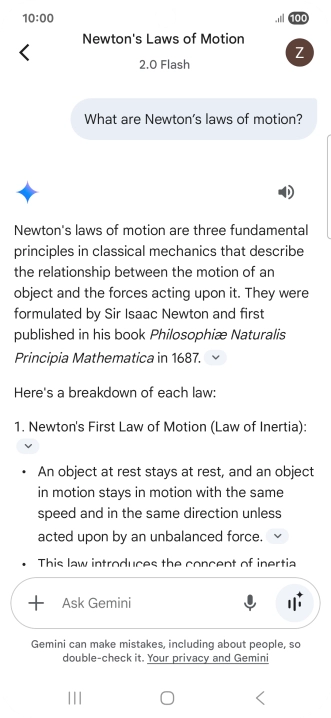 Transcription of the conversation with Gemini Live is now displayed.