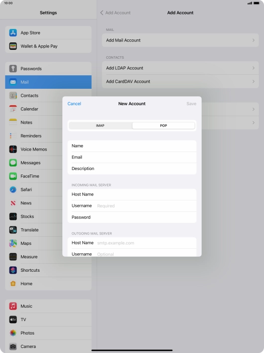 Press Username and key in the username for your email account.