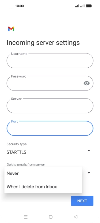 Press Never to keep email messages on the server when you delete them on your phone.