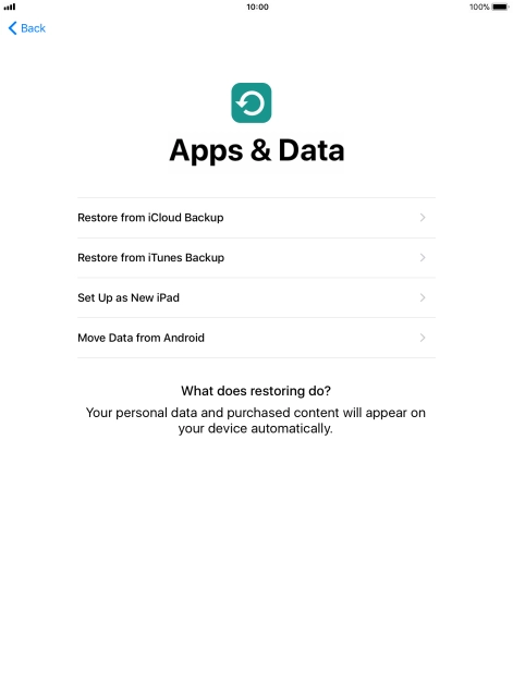 You can restore content from an iCloud backup when your tablet is activated for the first time and after a factory reset. When this screen is displayed, your tablet is ready to restore content from an iCloud backup.